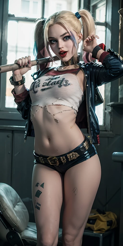 (SFW) Harley Quinn, makeup, ((bare tits), hot pants, relaxing on a deserted tropical beach, dramatic lighting, (depth of field), ((masterpiece)), ((best quality)), ((highly detailed)), Gnarly Quim