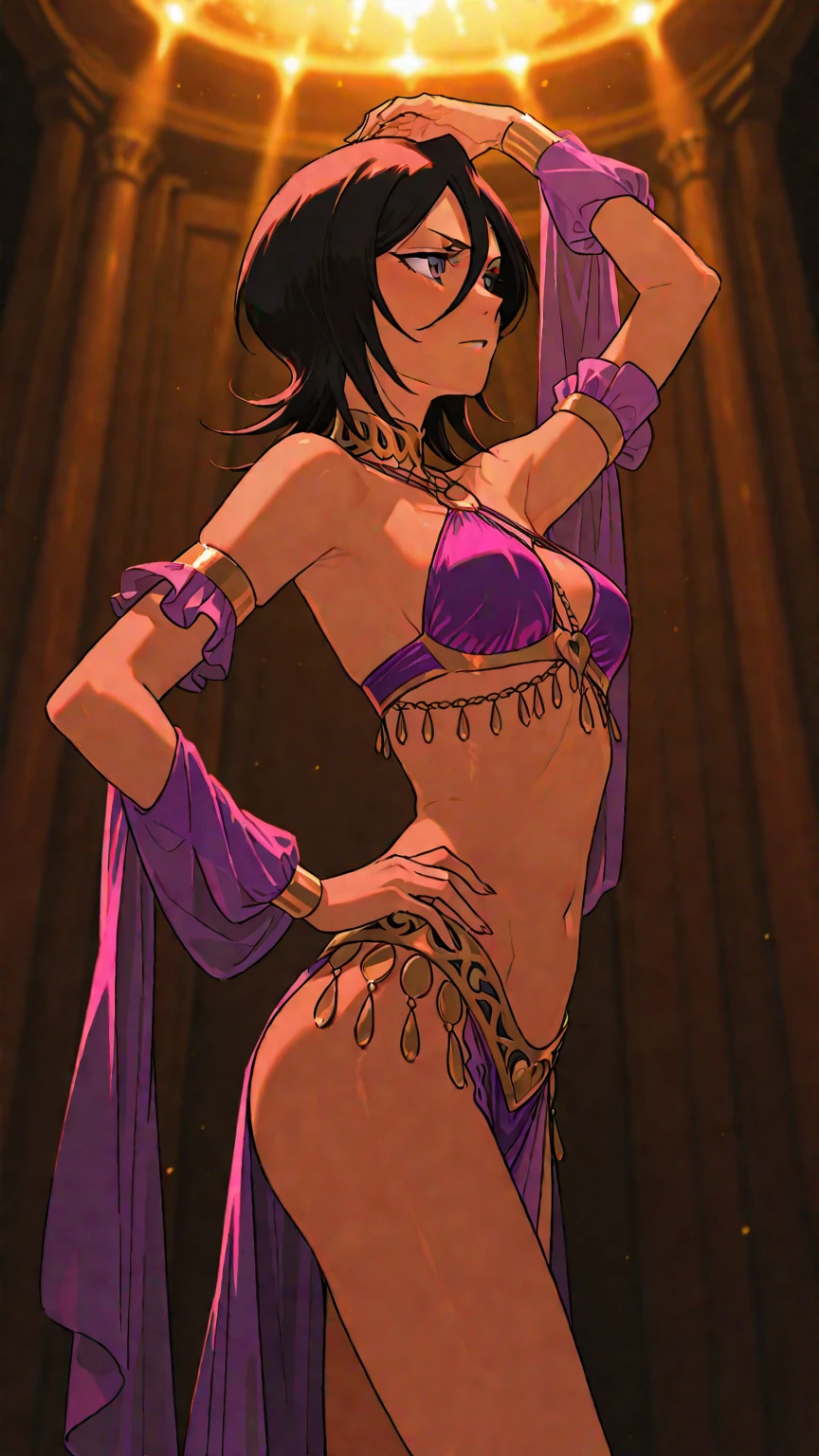 1girl, view from behing, looking back, green emerald eyes, foxy mature eyes, adult milf eyes, extremely detailled eyes, long eyelashes, eyeliner, frowned eyebrows, smirk smile, malicious smile, sly, smile, full lips, closed mouth, brown hair, straight bangs, shoulder length hair, medium short hair, deep purple clothes, purple fantasy clothes, purple mage clothes, thigh clothes, open revealing neckline, hourglass body, short and curvy body, small chest, thin waist, large hips, thick thighs, naked thighs, callipygous figure, big butt, large ass, pierced ear, body jewellery, arms jewellery