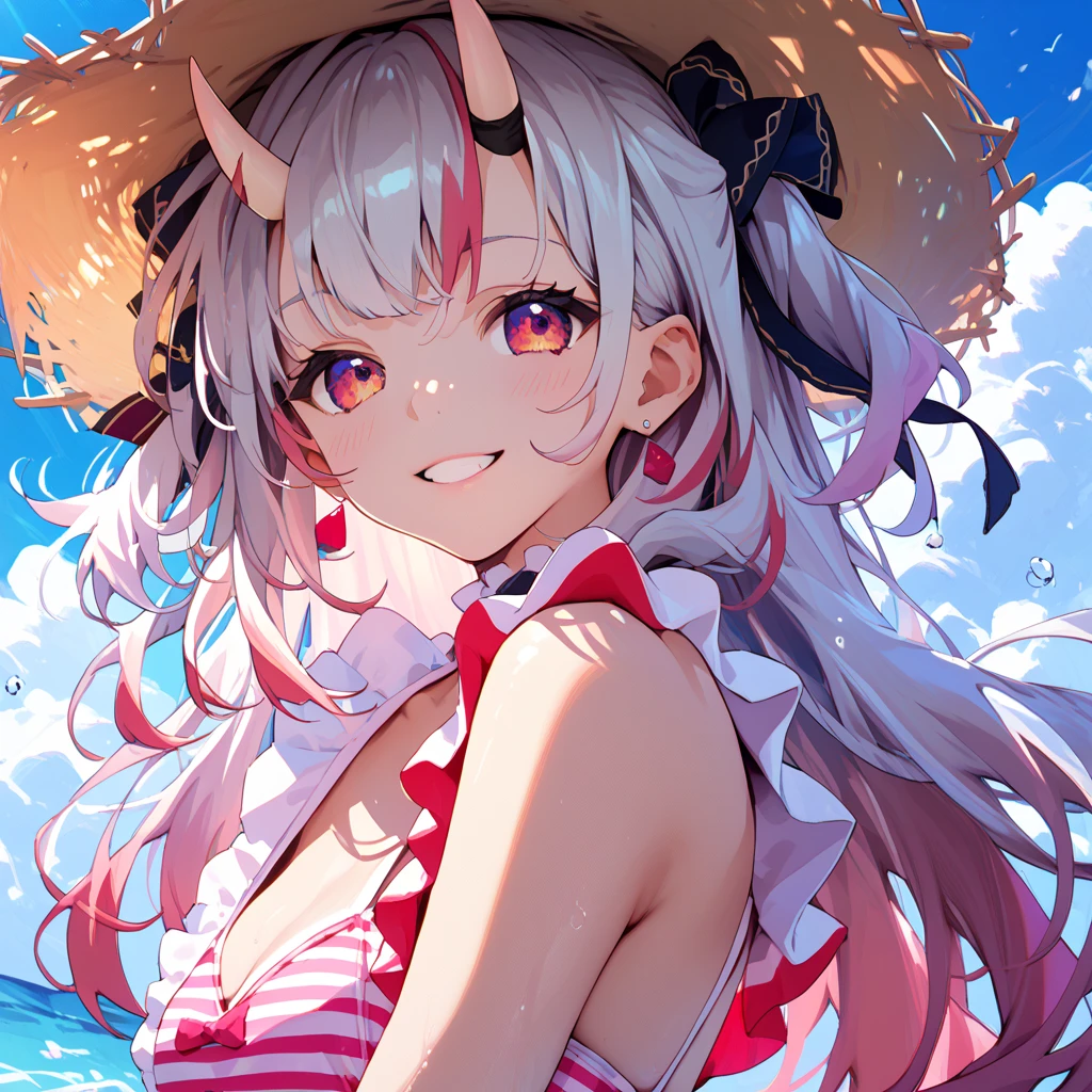 1 girl, solo, Tomoe+Nakiri, oni, sports swimsuit,1 piece swimsuit, white hair with blue tips, oni horns, medium breasts, frilled outfit, micro skirt, seaside, water, sunny day, joyous expression