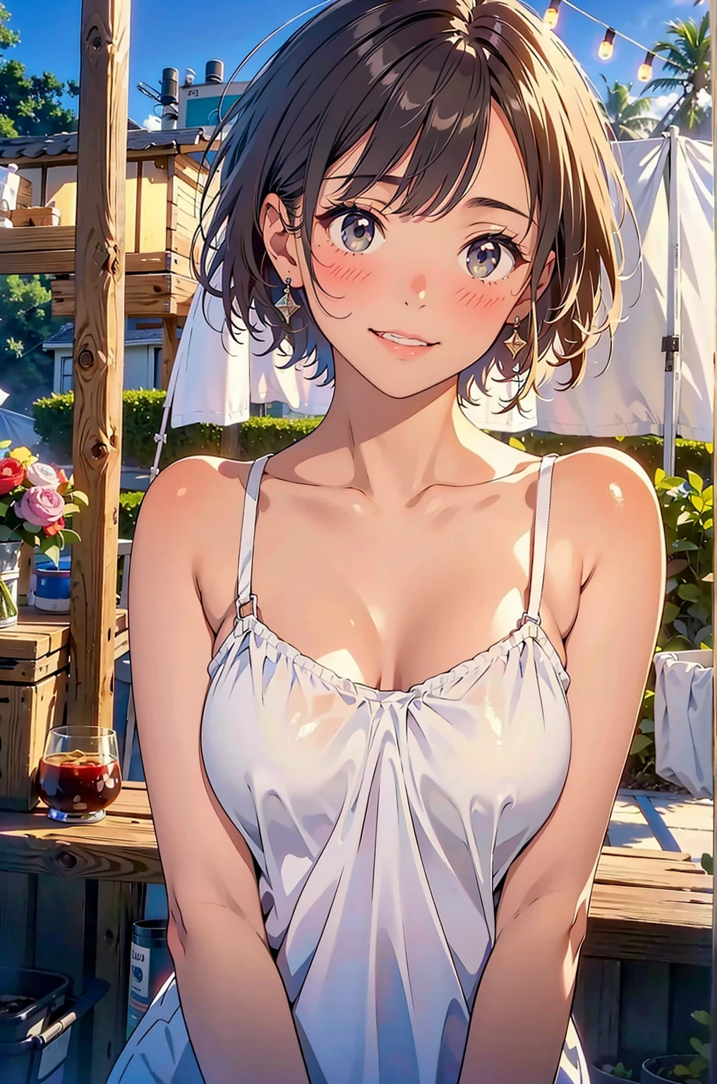 masterpiece, Highest quality, (Highly detailed CG Unity 8K wallpapers), (Highest quality), (Best illustrations), (Best Shadow), Confused, Realistic lighting, (abyss), Beautiful and delicate shine,Random Pause,((Camisole dress with luxurious shiny details)),Cute freckles on the cheeks,Mole under left eye, Sunburn mark, Japanese Model,  Young Sensual Gravure Idol, Yasumoto Oka, A real young gravure idol, A woman who is shy when the camera is pointed at her,赤くなったSunburn mark,Embarrassing,avert your eyes,Japanese Style House,Perceived Humidity,