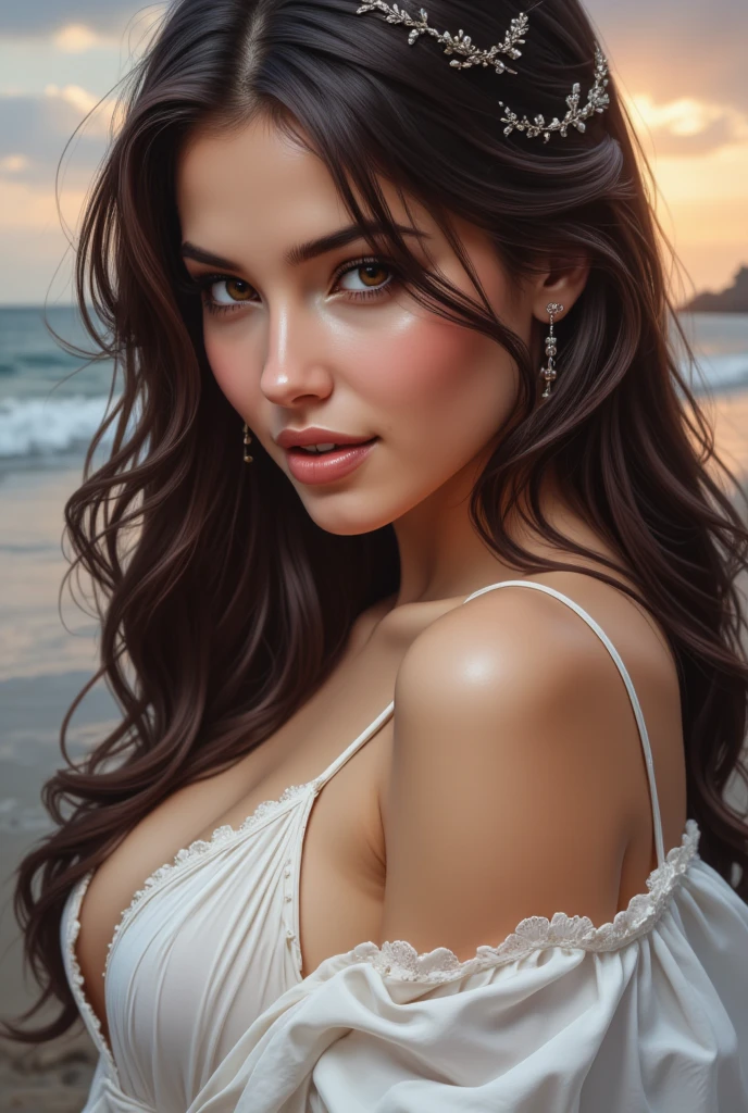 4K resolution, 8K resolution, beautiful, Highest quality, Absolutely wonderful, Very detailed, Ultra-high resolution, masterpiece, RAW Photos, Realistic, Depth of written boundary, Cinematic Light,
One elegant mature woman,
Long black hair, Beautiful face with exquisite details, A calm and loving face, Transparent white skin, Very sensitive skin, Great proportions, Glamorous Body, Anatomically correct body,
High leg swimsuit, Summery design, Beautifully detailed pattern, Detailed cloth texture,
(Night sky background:1.1), (Dark sandy beach at night:1.1),
(Upper body close-up shot:1.3),