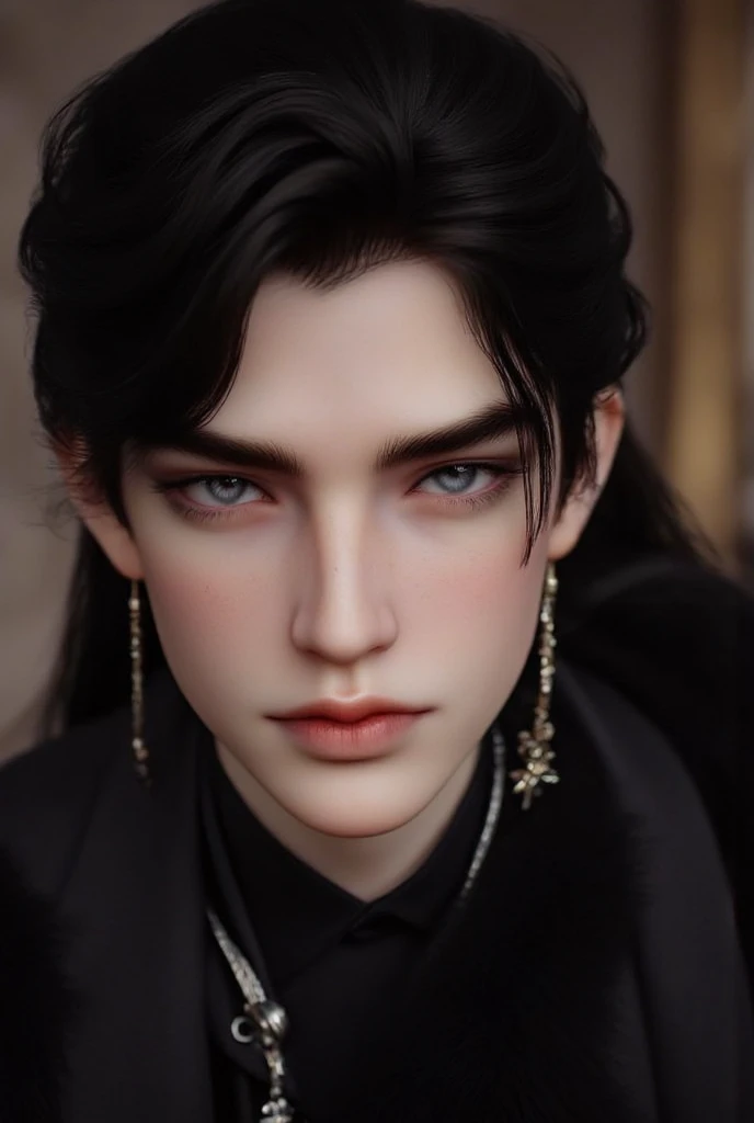 shiny long straight black hair、Very big dark eyes are impressive、Smooth, silky skin that is pale and beautiful、A nose with a clean nose and a high bridge、He has smooth, beautiful skin on his thin chin、Boobs Alien Figures、Luxurious Earrings、Dim and luxurious castle、naturally beautiful skin like a male model、The beautiful young man is expressionless、gorgeous fantasy black costume