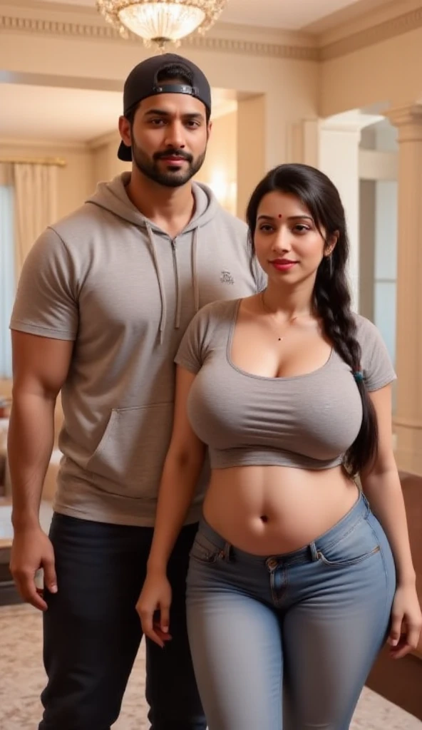 Sexy interracial couple, brown indian man half bald, beard, tall, muscular, brown(ebony skin) chubby woman long hair, big breast, big nipples, big hip, big curvy ass, man wearing t shirt and yoga pant, woman wearing white bra, front view, couple, detailed.