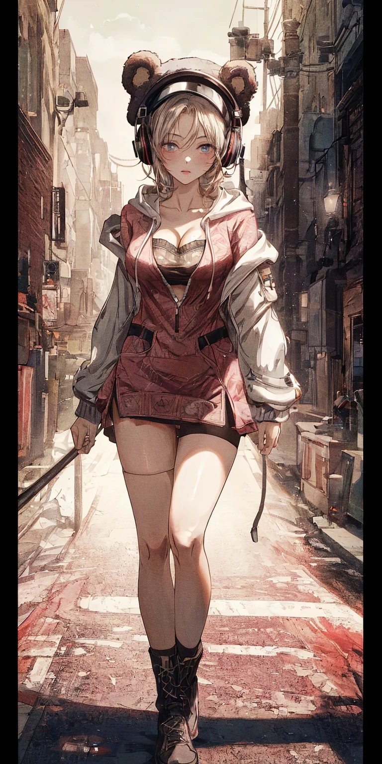 (masterpiece, best quality, ultra detailed, absurdres)1.5, 1girl, (sexy, beautiful woman, perfect face, perfect eyes, perfect female body, huge breasts)1.5, (rapi \(nikke\), rapidef, hat, skirt, side slit, thigh highs, ankle boots, <lora:rapi-nikke-richy-v1:1>), (standing in a wasteland, cloudy sky), perfect lighting, smooth, hdr