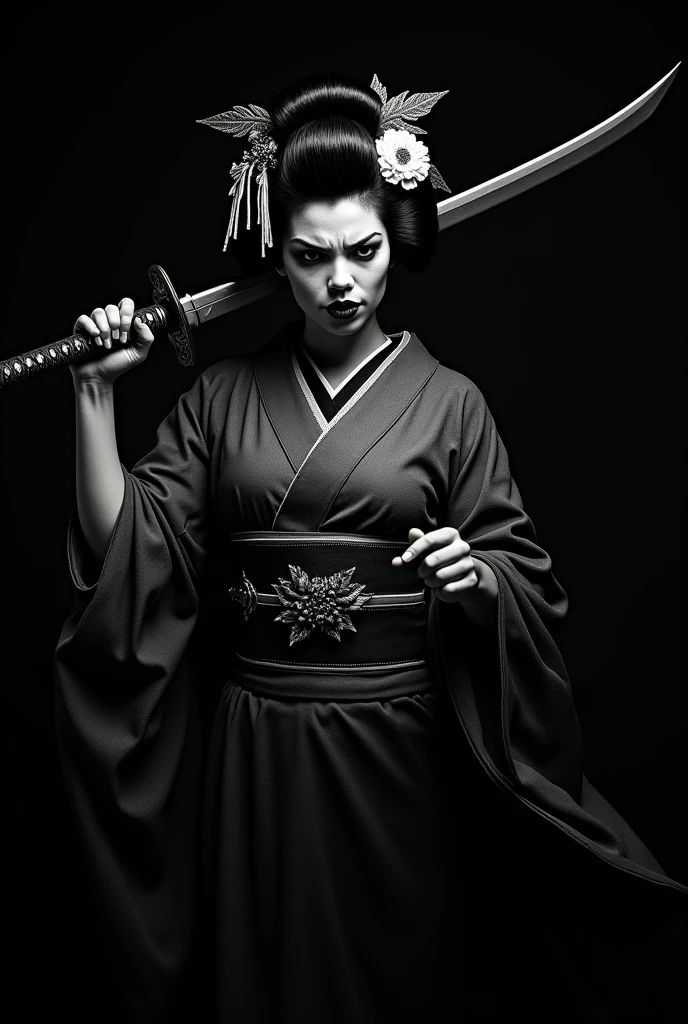Mujer Japonesa con katana, samurai, Kimono sexy corto,  hermosa, Rostro definido, pelo negro, cuerpo sensual, pechos grandes