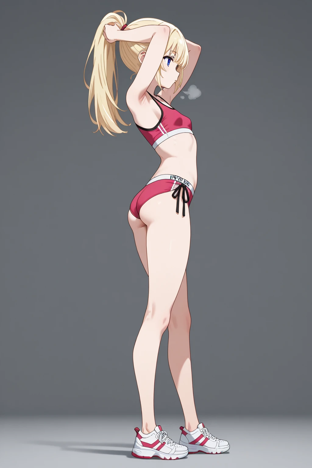 masterpiece, best quality,da,bare leg,red slingshot swimsuit,o-ring,breast,full body ,solo,dark blue eyes,one girl,medium hair,blonde ,small breast,indoor,ryona,guro,torture,bdsm,whip,bondage,belly,grey background,indoor,anime