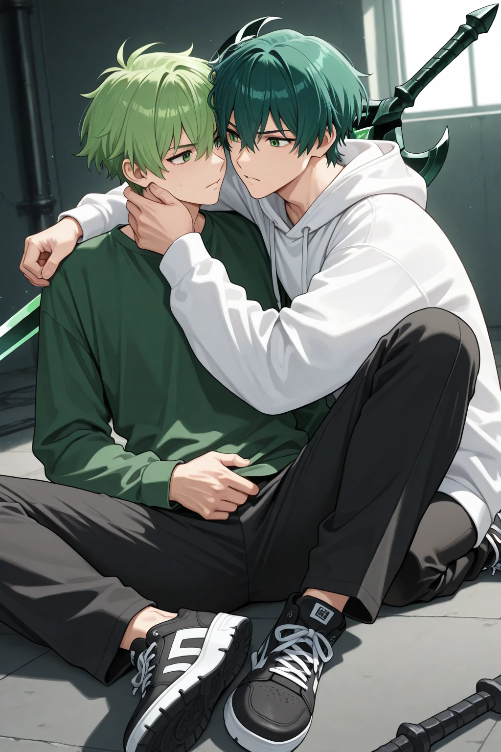 A shy man with lime green hair black sweat pants black hoodie and a green shirt under the hoodie and a burn mark on the left side of his face
