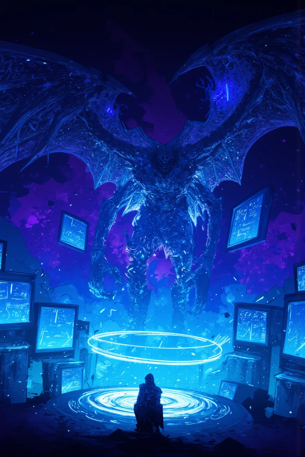 a YuGi-Oh duelist in a holographic cyberpunk Tokyo arena, dramatically summoning a blue eyes white dragon, cinematic dynamic pose, hyperrealistic detailed, 8k, photo-realistic, HDR, dramatic lighting, neon lights, intricate futuristic cityscape, cinematic camera angle, powerful energy effects, glowing holographic technology, intense dynamic motion blur, masterpiece