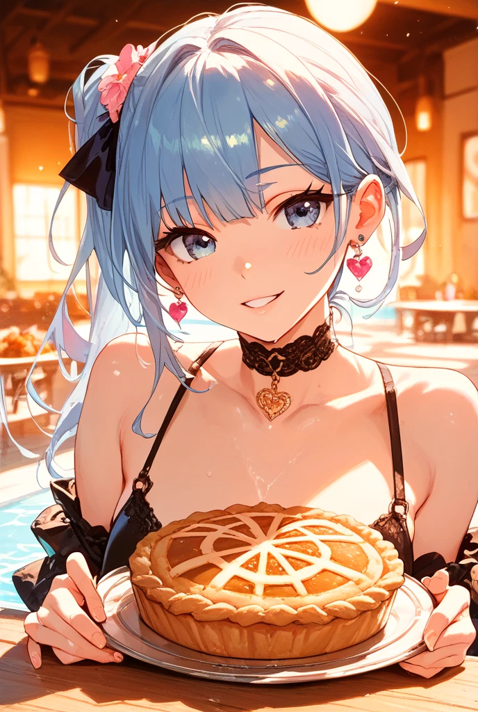 ((32k)), ((best quality)), ((ultra high res)), ((HDR)), ((UHD)), ((extremely detailed CG)), ((unity 32k wallpaper)), (((Virgin girl))), solo, long hair, (breasts), looking at viewer, smile, open mouth, hair ornament, thighhighs, bow, navel, holding, cleavage, bare shoulders, (large breasts), blue hair, standing, swimsuit, :d, bikini, cowboy shot, frills, food, fang, black thighhighs, bowtie, stomach, hair bun, wrist cuffs, grey eyes, maid headdress, detached collar, fruit, side-tie bikini bottom, headphones, thigh gap, single hair bun, x hair ornament, single thighhigh, front-tie top, string bikini, plate, tray, cake, strawberry, pink bikini, cake slice, (from below), ((front)), 