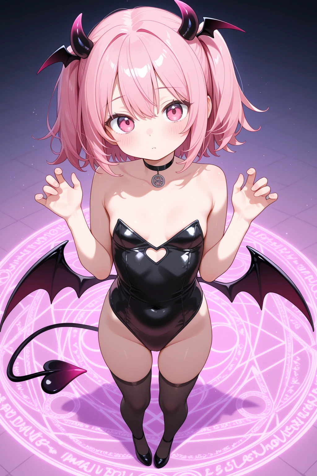 ,aru, halo, horn, pink hair, open mouse, +_+,1girl, elbow gloves, simple background, looking at viewer, pink microbikini, thong, pink latex, bangs, black hair, blush, v, v sign, thigh high, spread legs, (pubic hair:1.2)