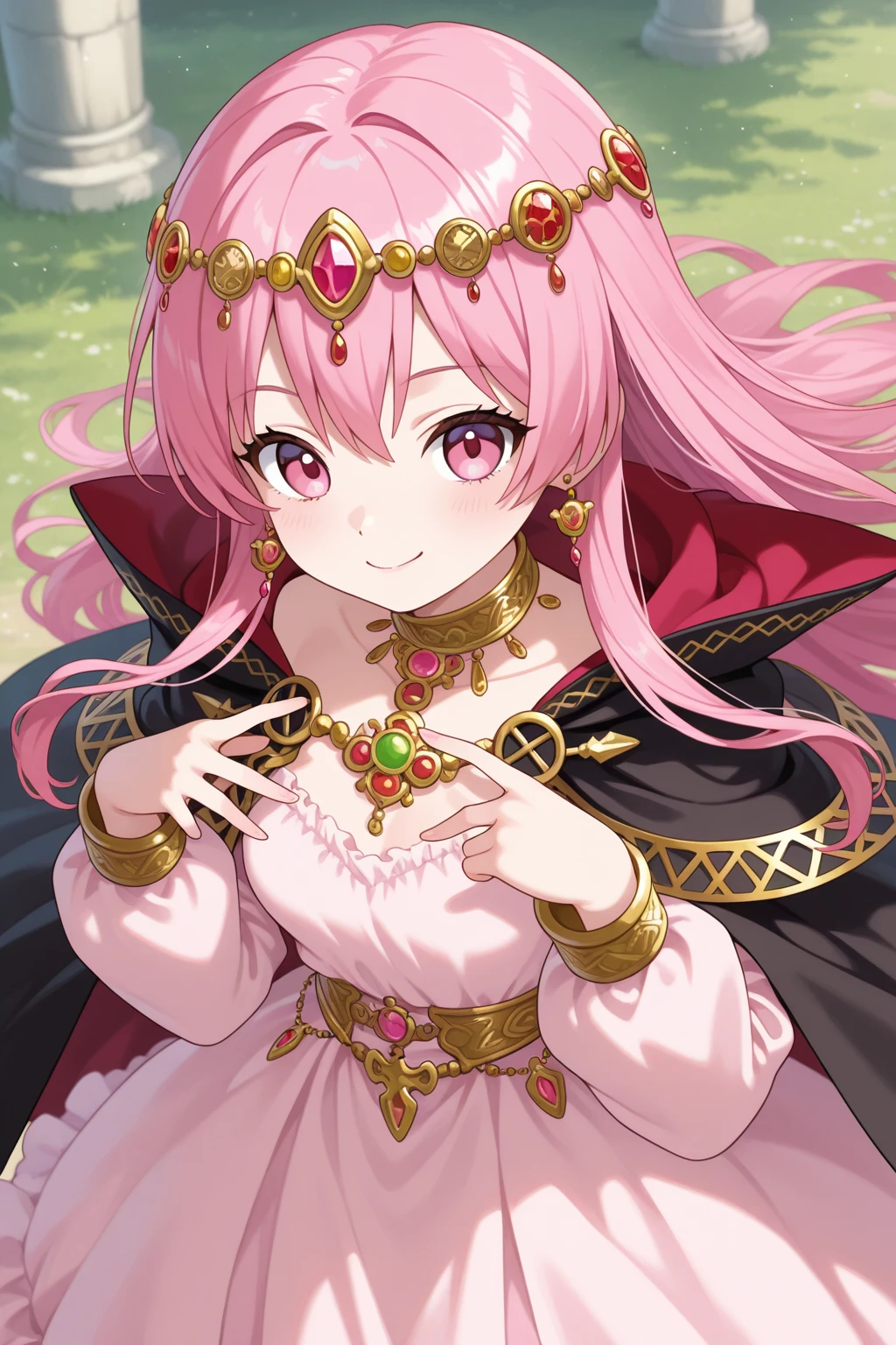 (masutepiece, Best Quality, Perfect Anatomy, High quality:1.4), nice hand, Perfect hands, Detailed beautiful hands, Large_filesize, fulcolor, hight resolution, symmetric, exceptional, Best aesthetic, newest, Anime, very beautiful detailed body、Have、The eye,
BREAK,
1 beautiful girl, Solo,(Cute:1.5),(Chibi:0.8), (kawaii:1.5),(Lori:0.5), BREAK, (girl, Cute, Cheerful, Loli face, medium breasts:1.2),(Pink hair,disheveled short twin tails,tareme,Gold eyes:1.2),gleaming skin,Clear skin, cleavage of the breast,Beautiful , gleaming skin,Clear skin, Beautiful skin,( A smile:1.5),(best quality face),(Top quality glowing eyes), (Doya face,brave face:1.45),BREAK (Princess), (((Elegant))), (queen jewel crown:1.3),goddess like,Golden lingerie, red capelet, bow ribbon, White Gloves, Pink dress, frilld:1.6),(princess fantasy jewelry dress, Layered sleeves,Jewelry Necklaces,Ruby Earrings:1.5), put hands on the hip, Smile, Open mouth,slutty makeup,BREAK,(natta), outside of house,In front of the castle,High Fence,Big gate,Guard,Sunny,depth of fields,
BREAK,wakame,wakame,wakame,(Cowboy Shot:1.4),
BREAK,(Blurry background:1.3),(absurderes, hight resolution, Super Detail Art),cel shading,Clear Color, Lonely optical effect, Beautiful pictures, Bright glow, mystic atmosphere,(Close-up of girl:1.1), Mystical light particle effect,manga influence, clean line drawings,