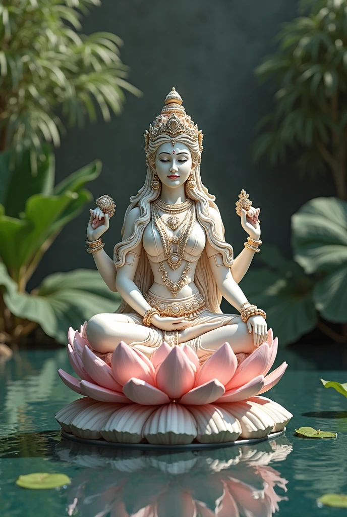 Create an ultra-realistic image of a vibrant and intricately crafted statue of a deity. The figure should be seated in a meditative pose, adorned with detailed accessories made from various produce. The background should feature a lush floral arrangement, enhancing the serene and artistic atmosphere. The lighting should be soft and natural, highlighting the textures and colors of the fruits, with a focus on realism and artistic presentation.
