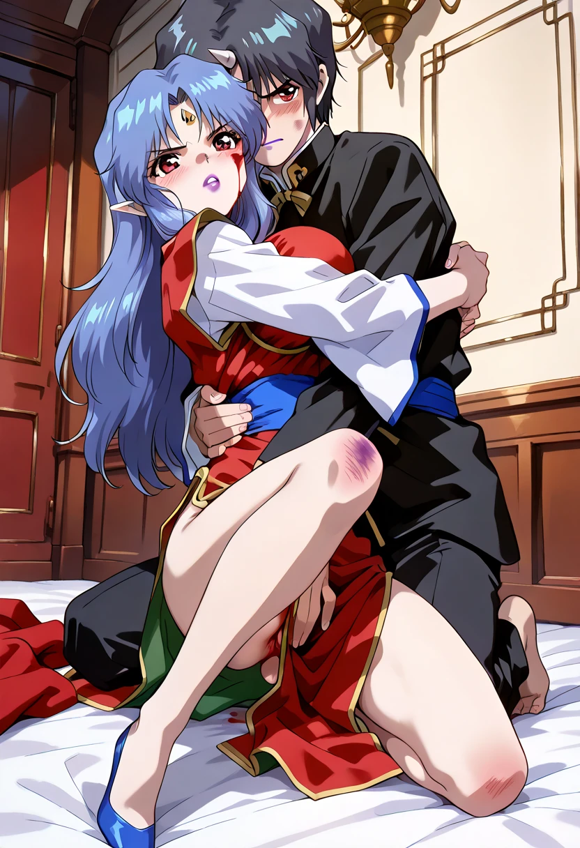score_9, score_8_up, score_7_up, source_anime,
first person view, pov hands, low-angle view, from below, cum inside, x-ray, cutaway,
anal penetration, boy on top, cowgirl position, struggling, spread legs, torso grab, lying,
penis size difference, small penis, large penis, balls, cum in ass, hands-free, , excessive cum,
looking down, open mouth, spoken exclamation mark, screaming,
blush lines, heavy breathing, sweat, anal orgasm, ecstasy,
motion lines, motion blur, speed lines,
size difference, muscular, smaller male,
girly femboy,
japanese clothes, black choker, red kimono, obi, black sash, obijime, wide sleeves, long sleeves, bottomless,
purple hair, straight hair, very long hair, hime cut, sidelocks, red eyes, big eyes,
gradient background, sunset, shadow, futon