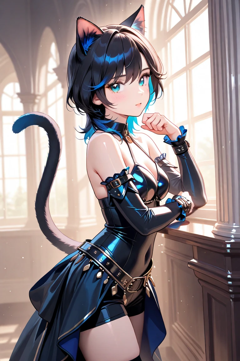 4k,High resolution,one woman,girl,black hair,short hair,cat ears,cat tail,slanted eyes,blue eyes,,slender,small breasts,tits,first round,fur,light armor,hot pants,wet with sweat,