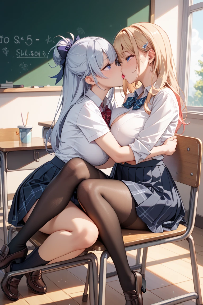 2 girls, (school uniformの少女二人:1.2)、school classroom、evening、hug each other、((kiss:1.1))、 highest quality, High resolution, masterpiece、smile、(2 girls),(beautiful eyes、depicted in detail、pay close attention to detail、masterpieceサイドライト、masterpiece、highest quality、get used to it、High resolutionのイラスト),delicate makeup、soft focus ground bokeh、(highest qualityのイラスト:1.2),school uniform, (black socks:1.4),navy blue blazer、white shirt、blue ribbon、gray knee-length pleated skirt
