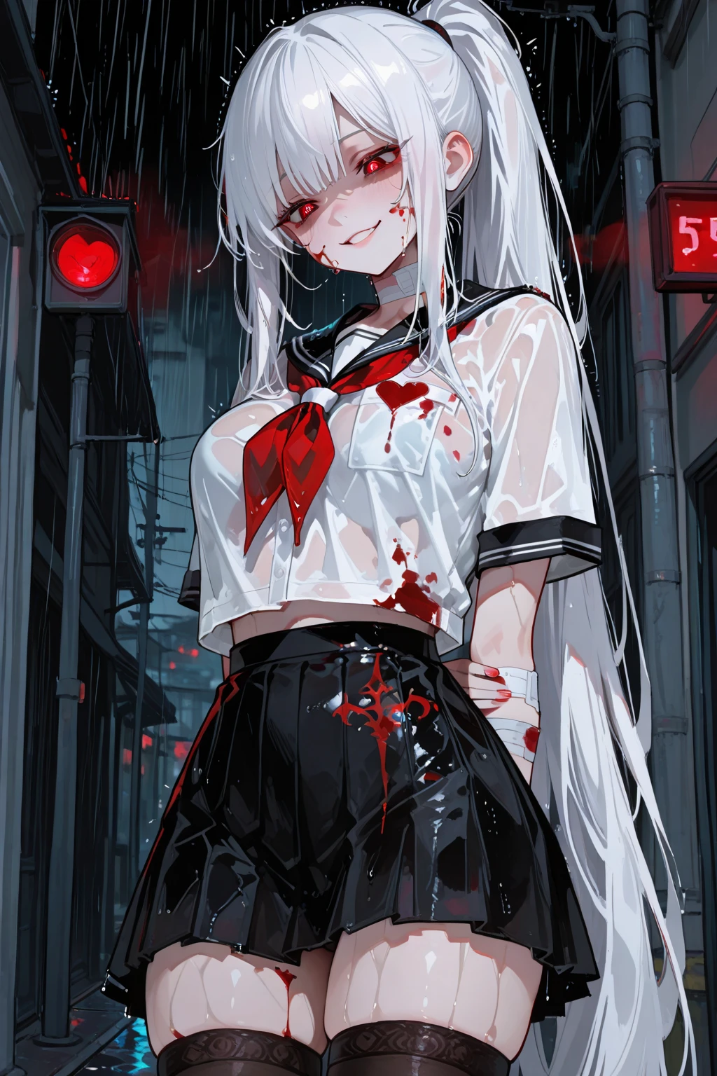 ((masterpiece, best quality, extremely detailed CG, unity 8k wallpaper,anatomically correct,ultra resolution)),Award-winning photography,(best illumination,Very Delicate and Beautiful),(one girl,solo,loli:1.5),Vampire,silver hair,(twintails:1.2),glowing red eyes,pale skin,(extremely beautiful and detailed face:1.2), (extremely beautiful and detailed eyes:1.2),perfect hands,delicate legs,((bat hair ornament)),(casual,fashion),pointy ears,((hoodie:1.45,sports shorts,sports shoes,black leather gloves)),looking at viewer,v,smiling,dark persona,evil,(cute:1.5),((night, dark atmosphere, dark theme, darkness:1.5)),dramatic shadows,(dimly lit:1.5),blood on face,blood on floor, blood on walls,(blood mist,blood splash:1.4),depth of field,(Bustling city:1.2,park:1.3,crowds of people:1.2), cloud, full moon, moon, moonlight, night sky, outdoors, blood moon, sky, star sky, starry sky,(perfect human body structure with maximum precision)