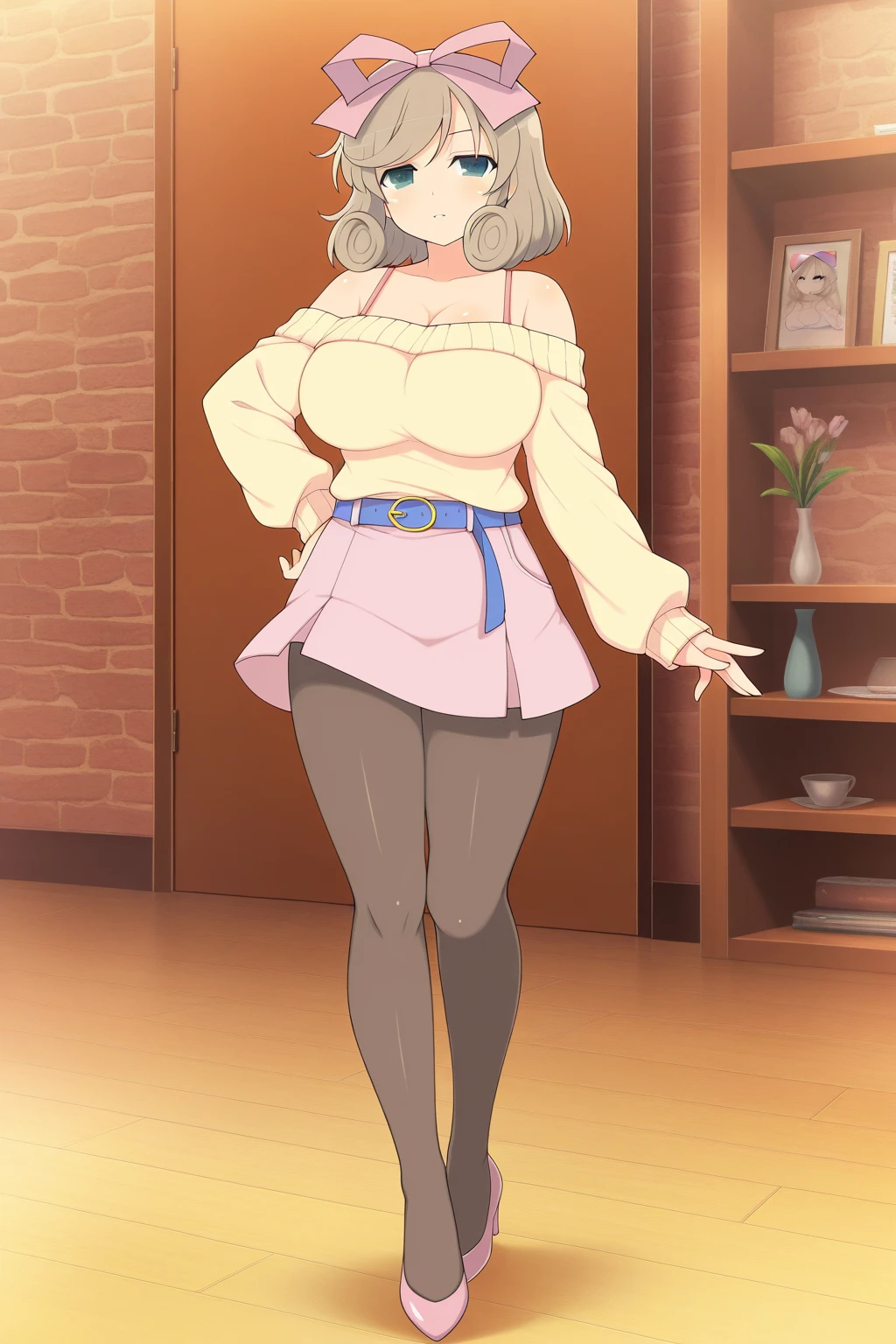 (from above:1.2),(from side:0.9), ((Face)), (Close-Up:0.6), masterpiece,"A 26-year-old girl stands at a bar counter. She is dressed in a stylish off-shoulder dress, sweater dress, off-shoulder sweater, red sweater,garter stocking, cleavage:1.1, midriff, black thighhighs, pretty girl, (highly detailed beautiful face and eyes,firm breasts),real skin,((black,hair,long pony tail hair)),thin pubic hair,cute and lovely pose, detailed eyes, This masterpiece is only visually stunning but also tells,(small breasts:1.0,under bust:1.1),(with sparkling eyes and a contagious smile),open mouth. The bar is beautiful, with colorful bottles of alcohol in the background and a soft glow from neon lights. The atmosphere is relaxed, and the girl looks confident and fashionable.",full body, sexy pose,make a cocktail , in the bar counter, Looking at Viewer,