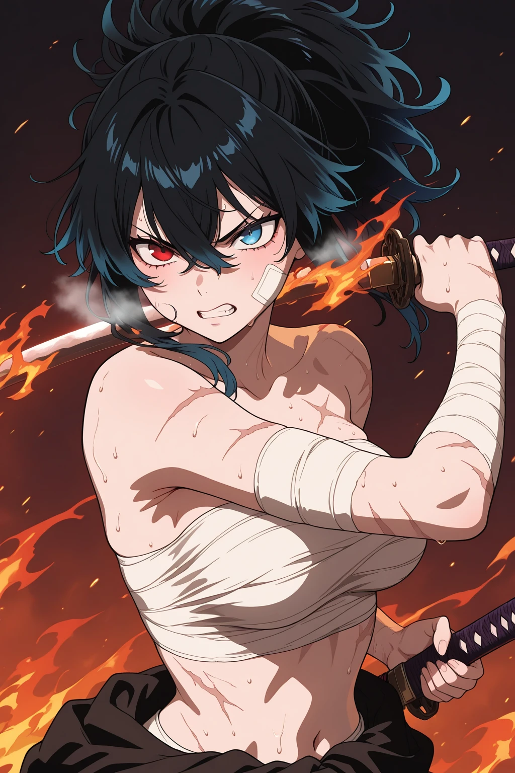 a man, with shaggy black hair, often tied in a ponytail. eyes intense and deep, showing determination. tall and robust, with well defined muscles. dark garment, sleeveless jacket with leather details and chains. prominent scar on the face, considered a mark of honor. wields the "Blazing" staff, which generates electrical impacts. calm and reserved personality, defender of the oppressed and weak.obra-prima, melhor qualidade, 2D, arte anime One Piece, anime 4k, contorno perfeito