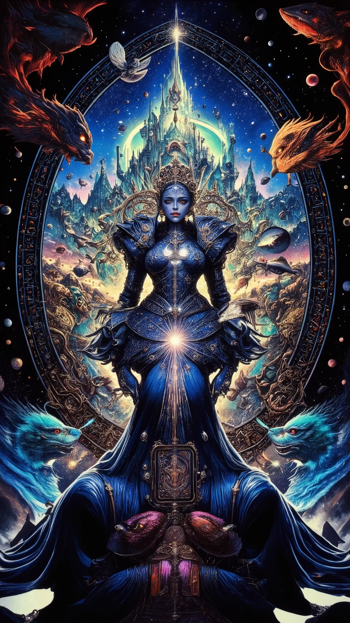 Surreal Painting, An extravagant, mysterious female figure dressed in intricately embroidered cobalt blue medieval clothing that fits her form perfectly , A jeweled rosary necklace with a large crucifix rests on her shoulder,Allusions to a historical or religious background or past lives, her hands are tightly gripping a very ancient illuminated book of Alchemy glowing with ancient magics and Angelic Enochian magic, with arcane graphs and suggesting studiousness and contemplation, A number of abstract shapes and dragon heads, cyclops things and creatures of myth blend seamlessly around the mysterious figure's head,Set against a vivid , an alien cosmic montage of strange vistas of backdrop, Jagged iridescent geometric shapes, The background features celestial bodies such as planets and moons,Above these shapes are disarticulated eyes,Adding to the dreamy, mysterious atmosphere, The scene is set in a dark, expansive temple open to the sky, Suggesting a journey through time and space, The contrast of light and shadow, Fantastic Mood, A visually appealing piece, Deep symbolism, Various interpretations.