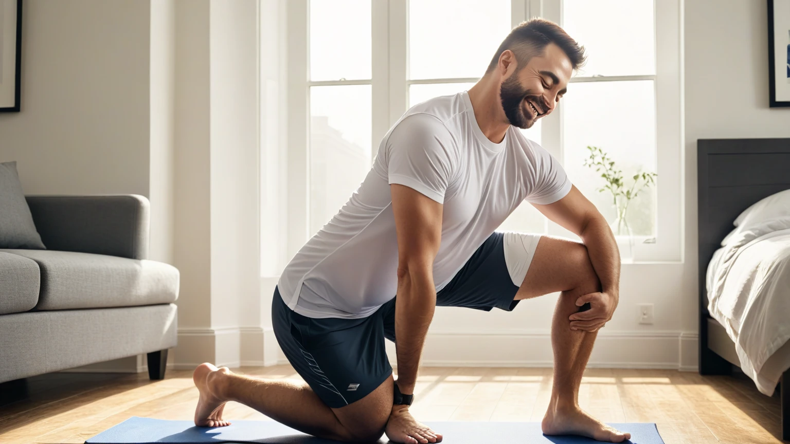 There's a man sitting on the floor with a baby, fazer rachaduras e alongamentos, Pose Sacral Meditativa, focus on his foot, Pose de lagarto, Pose estoica, tiro na perna e no quadril, foco em corpo inteiro, sentado sobre joelhos dobrados, foco na coxa, yoga meditation pose, tiro no quadril e na perna, foco nas coxas, pose suave e calma, Pose virada para a frente