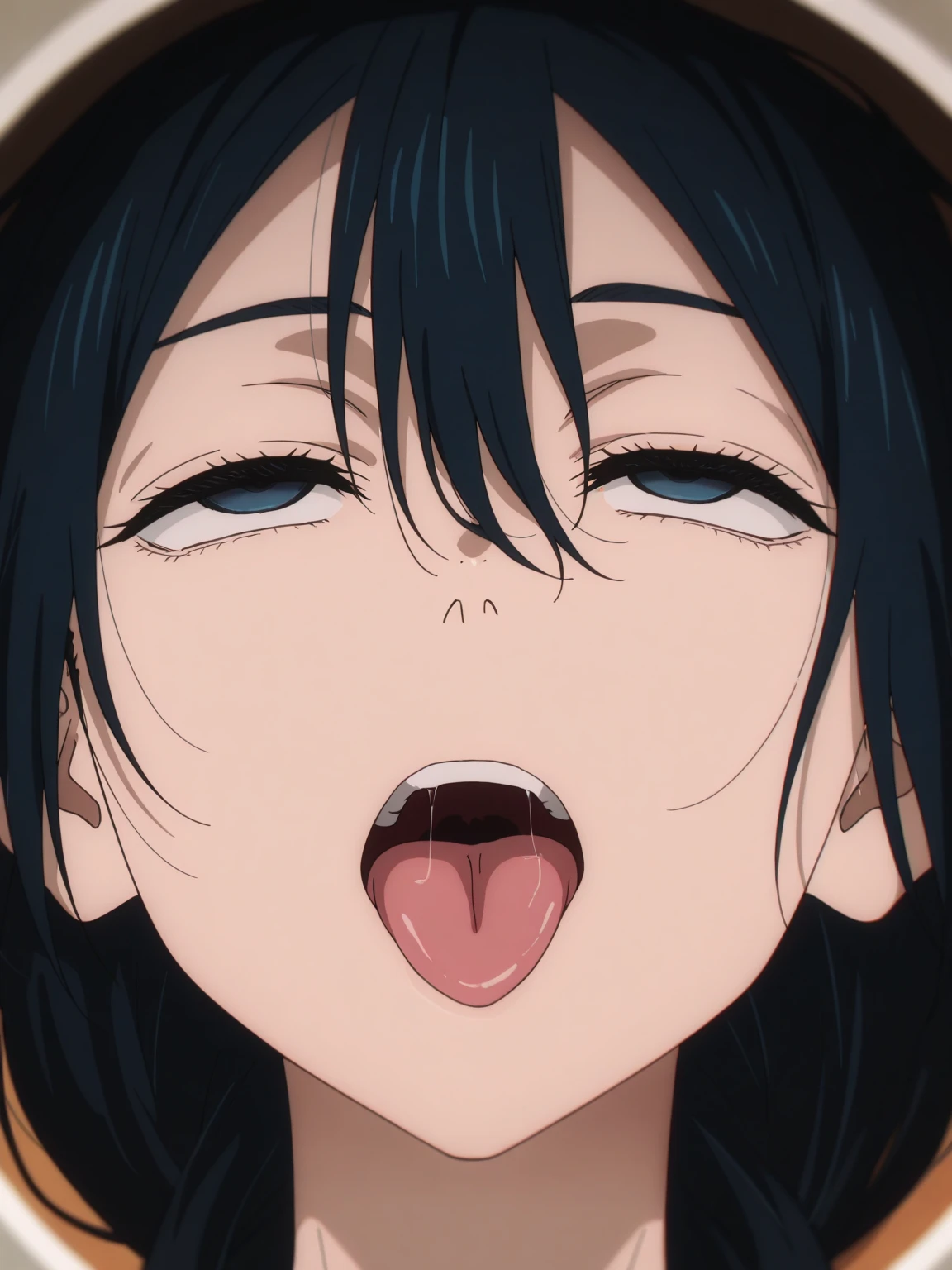anime screencap, yuri, close-up, long hair, black hair, blue eyes, (pussy juice:1.5), (pussy juice in mouth:1.5,) (pussy juice on face:1.5), (black lipstick:1.5), smile, heart-shaped pupils, (pussy juice in nose:1.5)