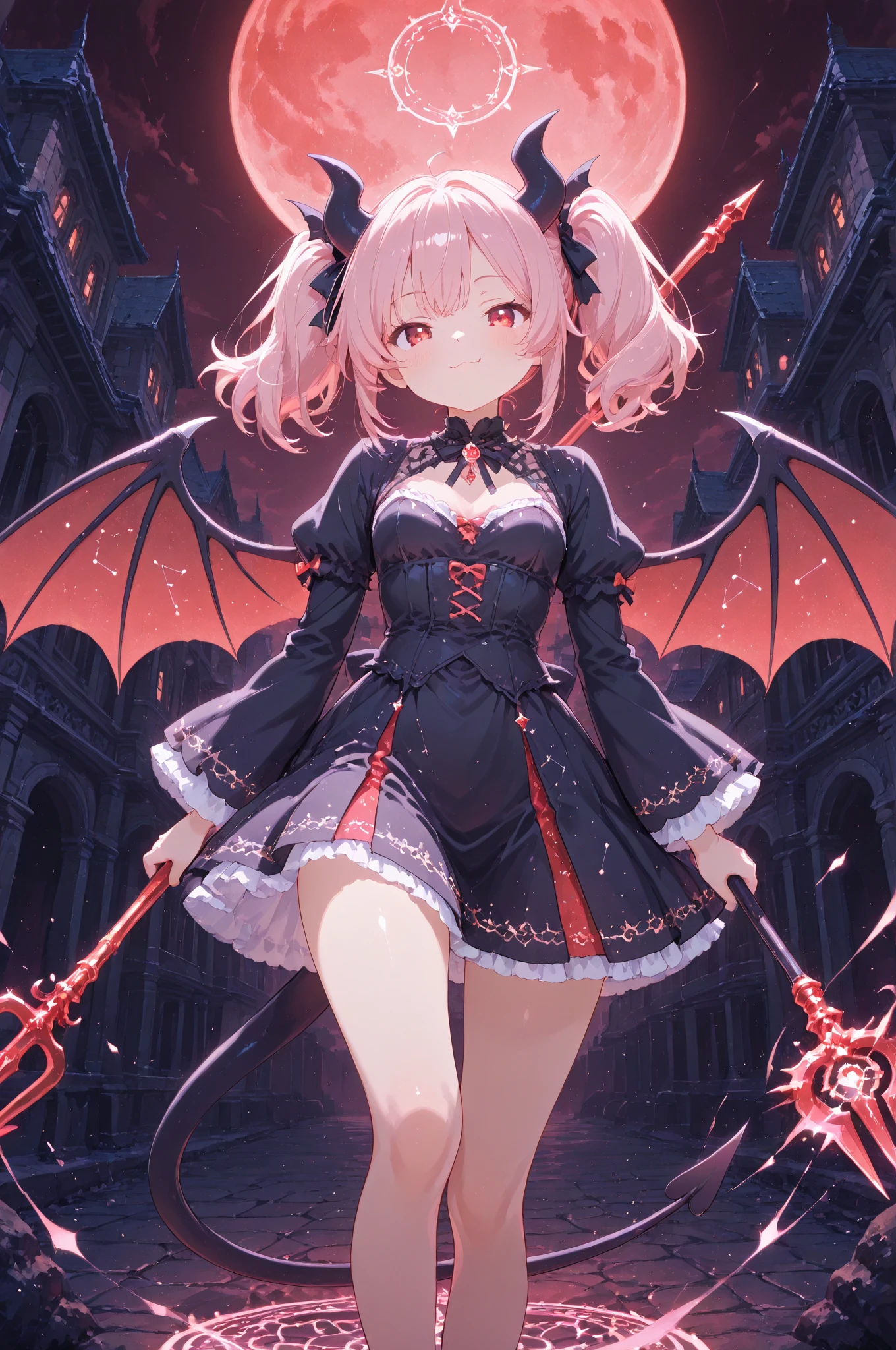 ((1 person Vampire girl)), (((1 person))), ((Red eyes)), cute, Very cute face, Black mini skirt dress with red accents, Cute dress with frills, Lingerie with lace, ((Demon wings on his back)), Configuration from below, Silver Hair, Long twin tails, ((blush)), Hyper Detail Eyes, (((Dynamic and seductive poses))), (((perfect hands))), (((perfect anatomy))), ((Holding a giant death scythe in his hand)), (Flying in the night sky), (((Body floating in the air))), (Moonlit Night, Purple glowing magic circle)), (Very detailed, Highest quality, 8k, 16K, 32K), Beautiful illustrations, Hyper Detail Skin, Dynamic and captivating composition, 