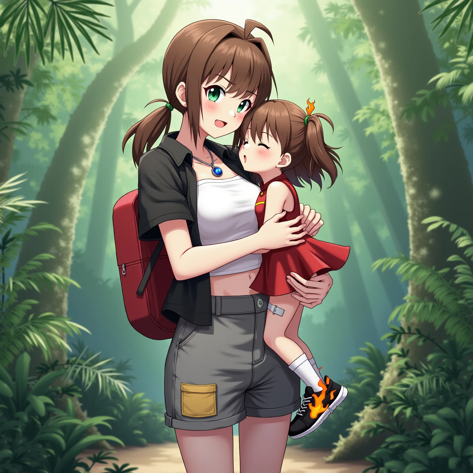 Amy from Zanzarah : The Hidden Portal, cute young girl with a brown bob, bright red lips, a brown short leather jacket with rolled up sleeves, a white T-shirt with a red stripe in the middle, green tight leggings, brown boots, small green backpack behind the girl's back, forest in the background, magical forest