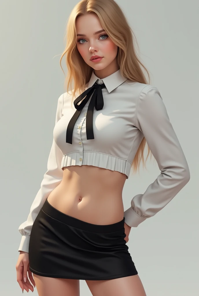 realistic, High resolution, soft light,1 female, alone, hip up, glowing skin, (detailed face),tattoo, jewelry, secretary clothes, white shirt, black skirt, black stockings, garter belt, night, blonde hair, wavy hair, Beautiful Soldier, Eyes that invite the viewer, spouse'point of view, attractive appearance, sexy smile, perfect style, perfect balance, fine skin, naughty look, I can see your breasts