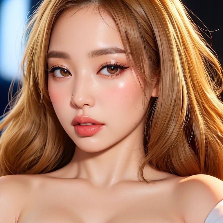 High detail in the eyes, face up close, shiny body, sexual smile, best quality, Ultra detail, sexual eyes, sexually, less clothing, (( big breasts)), sexy smirking, sexy pose, sexy clothing, background in darkness and sinister, environment, add_detail:1, add_detail:0, add_detail:0.5, cynthia, blonde hair, long hair, hair over one eye, hair ornament, very long hair, large breasts, wavy hair, grey eyes