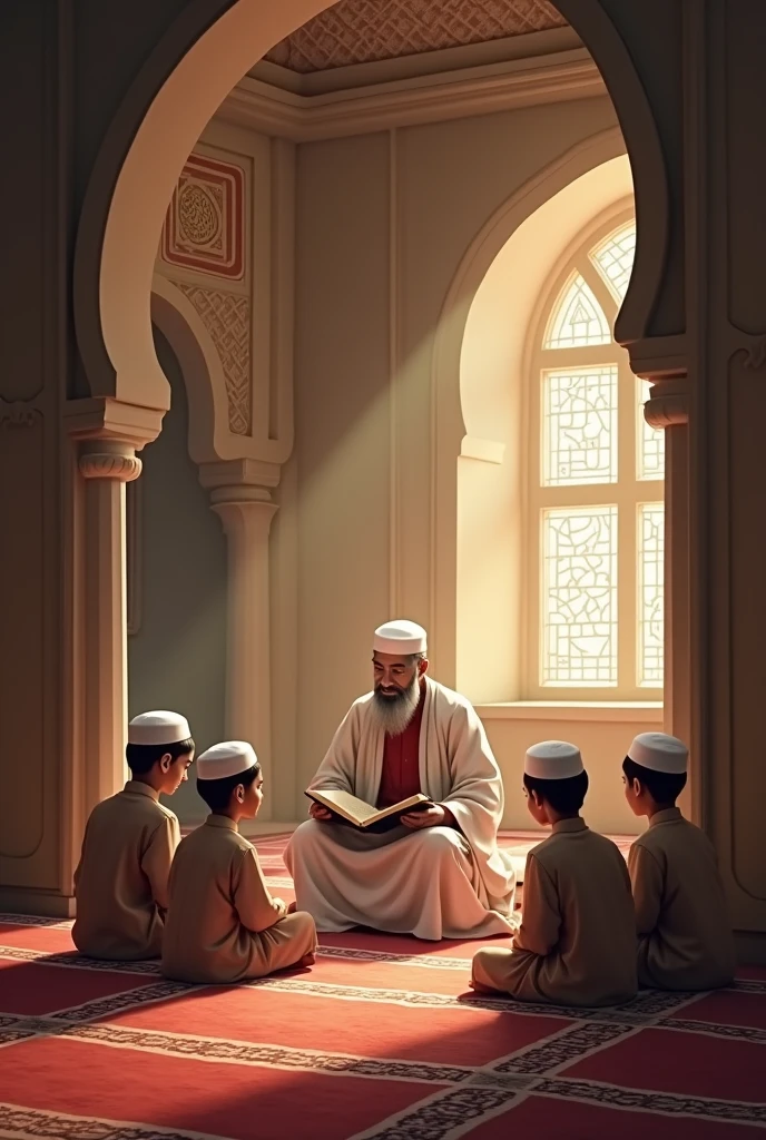 Here's a prompt for the image:
"An elderly Muslim man with a white beard and traditional clothing sits in the center of an ancient mosque, telling stories of Islam to a group of attentive children and another man. The mosque has large, arched windows with intricate patterns, and the light filters through, casting a soft glow on the group. The children are sitting cross-legged on the floor, looking up at the old man with curiosity and respect. The atmosphere is peaceful and filled with a sense of history and tradition."