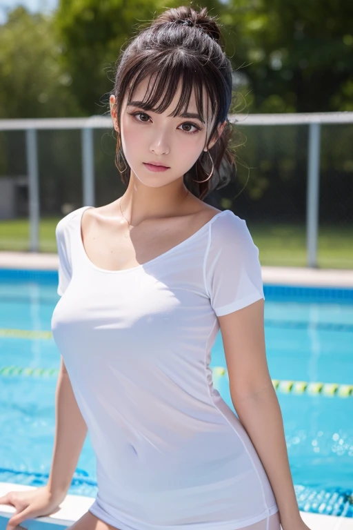 ((Best of the highest quality, 8k, Masterpiece: 1.3, raw photo)), Sharp focus: 1.2, (1 AESPA, slim body type female, 21 y/o: 1.1), (Solo: 1.2), (realistic, photo-realistic:1.37), face focus, cute face, finely eyes, (small breasts, flat chest, Thigh: 1.3), short messy hair, bangs, (updo: 1.1), (neat shirt, panties, in the pool: 1.32), flower, small smile,