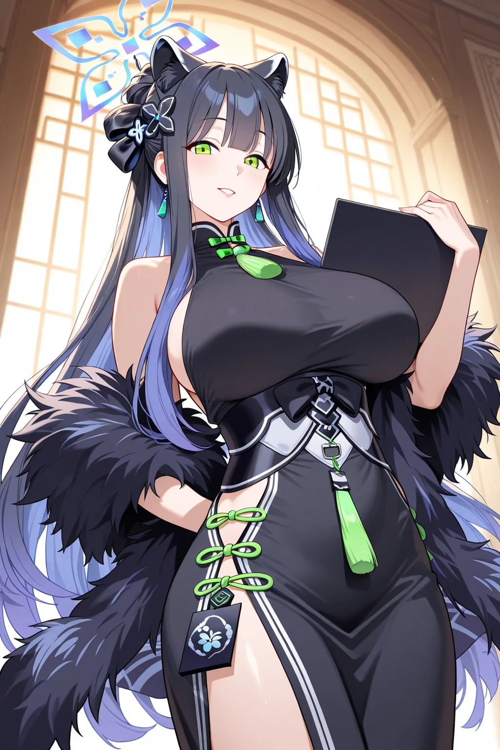 1girl,solo,standing,cowboy shot, 
china dress, tassel, black fur,  fur trim, bridal gauntlets, <lora:ChinaDressShunV1:0.85>,
indoors, bedroom, 
large breasts, 
black hair, very long hair, hair ornament, tiger ears, ponytail,