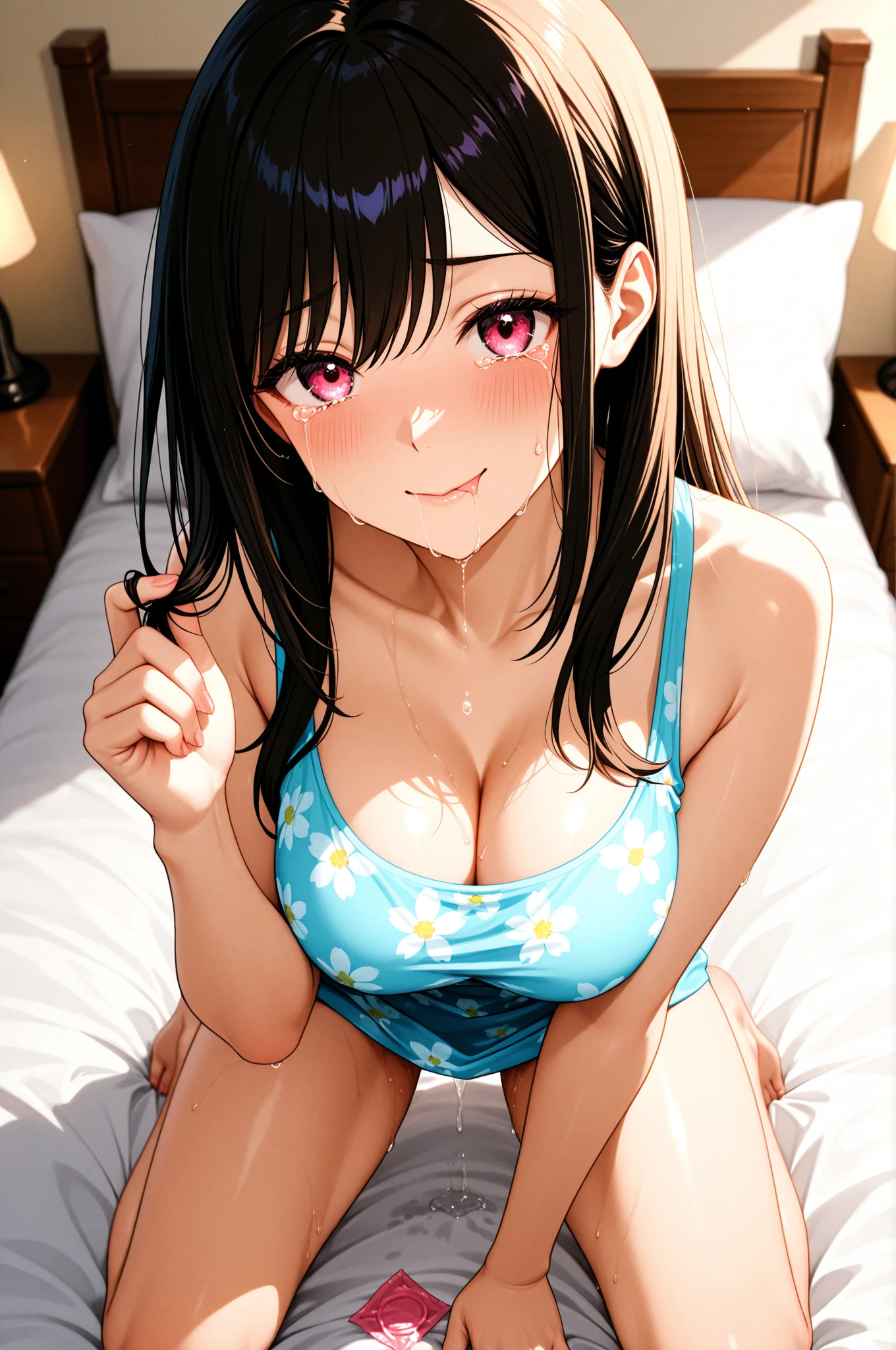 pieces fly、highest quality、High resolution、nffsw、perfect pixel、1 girl、cute、perfect body、anatomically correct、beautiful eyelashes, realistic eyes、smile、((clear pink bra))、((clear pink panties))、wearing only underwear、smooth texture:0.75、outdoor blue sky、I can see your pants、Bra visible、Overall bright、cinematic light、black hair、brown eyes