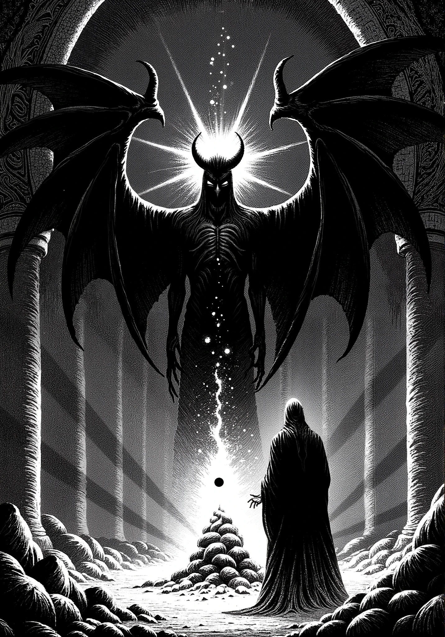 Depressive Black,black and white etching、Dr. Faust and the Devil with Wings are facing off、Alchemy Laboratory、