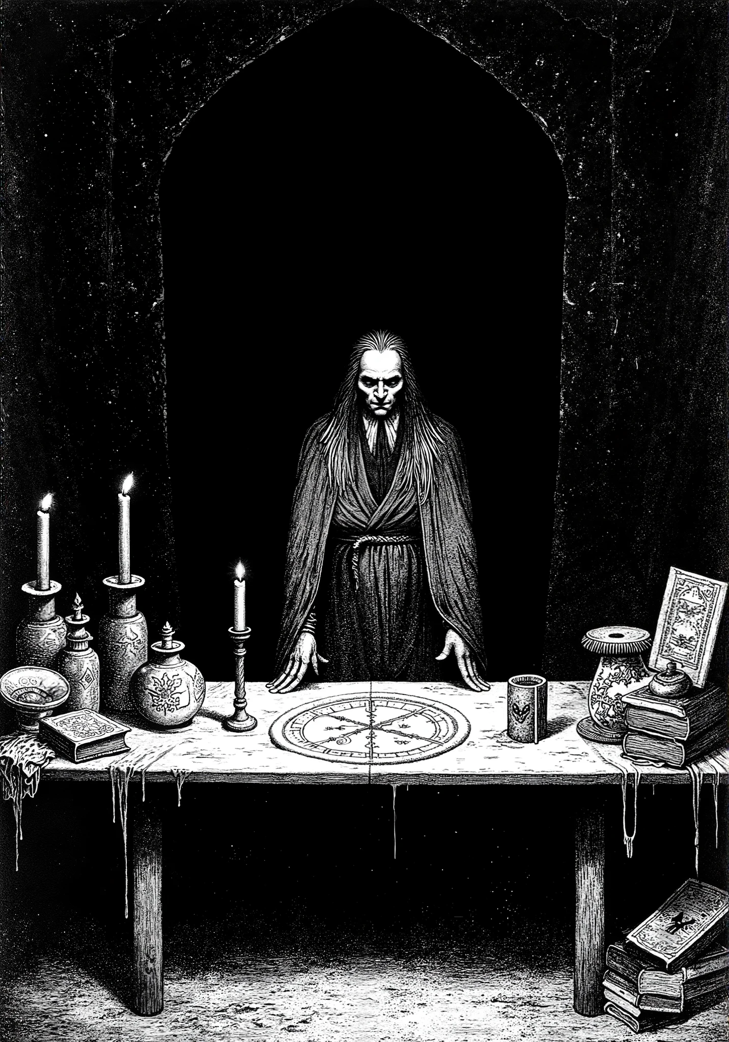 Depressive Black,black and white etching、Dr. Faust is summoning the devil、alchemy