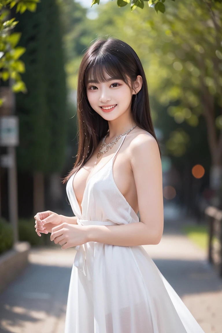 8K, Ultra-high resolution, Highest quality, masterpiece, 三分割法によるphotograph,Surreal, photograph, 1 Girl, (16 years old:1.3), pretty girl, Cute face, Beautiful eyes in every detail, 細かくdetailedに,masterpiece,, One Girl:1.2, Japan Female Announcer,whole body, (White Dress: 1.4), (Outdoor, night: 1.1), Bold side slits,City Street, Super detailed face, Good Eyes, double eyelid,Full of sex appeal,Sensual,A carefree smile,Heal the heart,Black Hair,Layered Hair,Looking at the audience、beauty,Long neck、Laugh a little、Please close your mouth and laugh、(((Ideal body type))),A cup small breasts :2,、Portraiture:2、Perfect Anatomy、鮮明なdetailed、detailed、Surreal、Light and shadow,Strong light