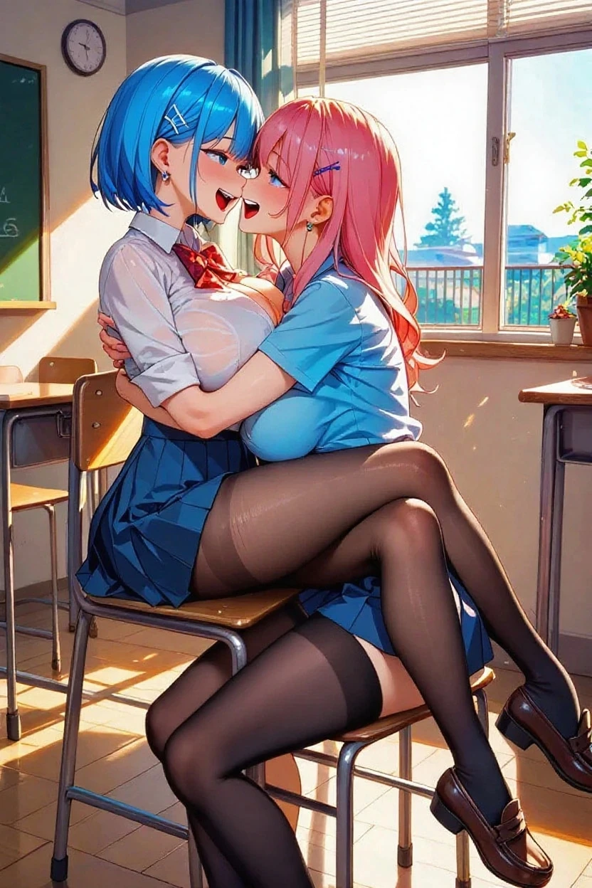 Quality; (((masterpiece))), (((best quality))), ((ultra-detailed)), ((an extremely delicate and beautiful)),((perfect anatomy:1.3),extremely detailed cg unity 8k wallpaper,emphasizing beautiful body lines,nsfw,(more_details:1),
Settings; nsfw,kawaii,multiple girls,
((2girls)),yuri,
Character;little sister,elf,
Body; navel, Thigh,sole,small body:1.6,
Skin;glossy skin,dark skin:1.6,tan:1.2,sweating,wet:1.4,wet oily skin,
Eyes; (beautiful detailed eyes),
Hair; beautiful detailed hair, medium hair, rainbow hair, (gradient hair:1.6),
Face; (embarrassing, full-face blush, feels good, ecstasy, orgasm:1.2), blush, pointy ears,
Composition; (depth of field),
Pose;kiss,
Background;school,classroom,
cloth; pet collar,leg accessory,leg ribbon,school uniform,