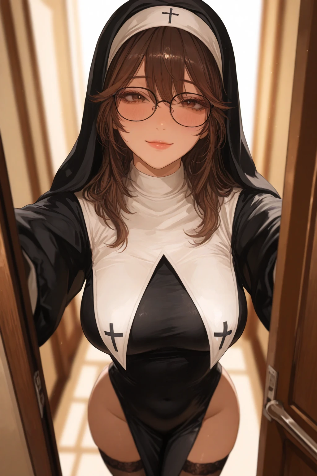 <lora:x-ray_glasses_FP16_by_Gtonero:1.2> (x-ray glasses:1.2), seeing (nipples:1.2) and (navel:1.2) through (glasses:1.2), 1 women, first person, busy convent background, attractive nun, clothed nun, realistic