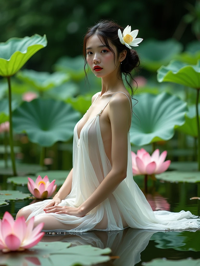 Ancient Chinese beauty sitting on the stone, wearing ancient Chinese colorful see-through beige costume, showing breast, flowing velvet tulle, light silk, dynamic pose, large lotus leaves, lotus flowers, clean colors, decisive cutting, dark space, masterpiece, super detailed, epic composition, high quality, highest quality, 8k --v 6