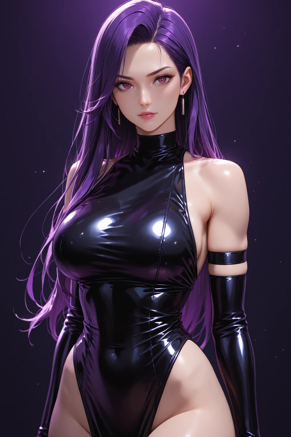 Masterpiece, best quality, 1girl, with long flowing iridescent hair in shades of purple, blue, and green, wearing a sleek black bodysuit, standing in a dramatic pose with one hand on her hip and the other holding a glowing, magical crystal ball. In the background, a swirling vortex of light and energy adds to the mysterious and enchanting atmosphere of the scene. glow hair, multicolor hair