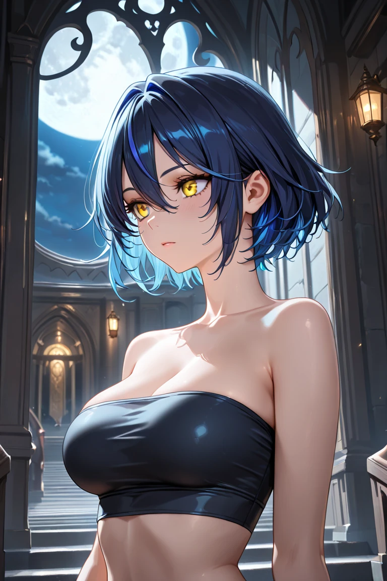 ((Best quality)), ((masterpiece)), (realistic), beautiful sexy girl in a sexy blue-silver-lavender sequin party dress, highly detailed glowing eyes, blue short hair, smooth skin, cleavage, ((extremely slutty)), ((whole body)).