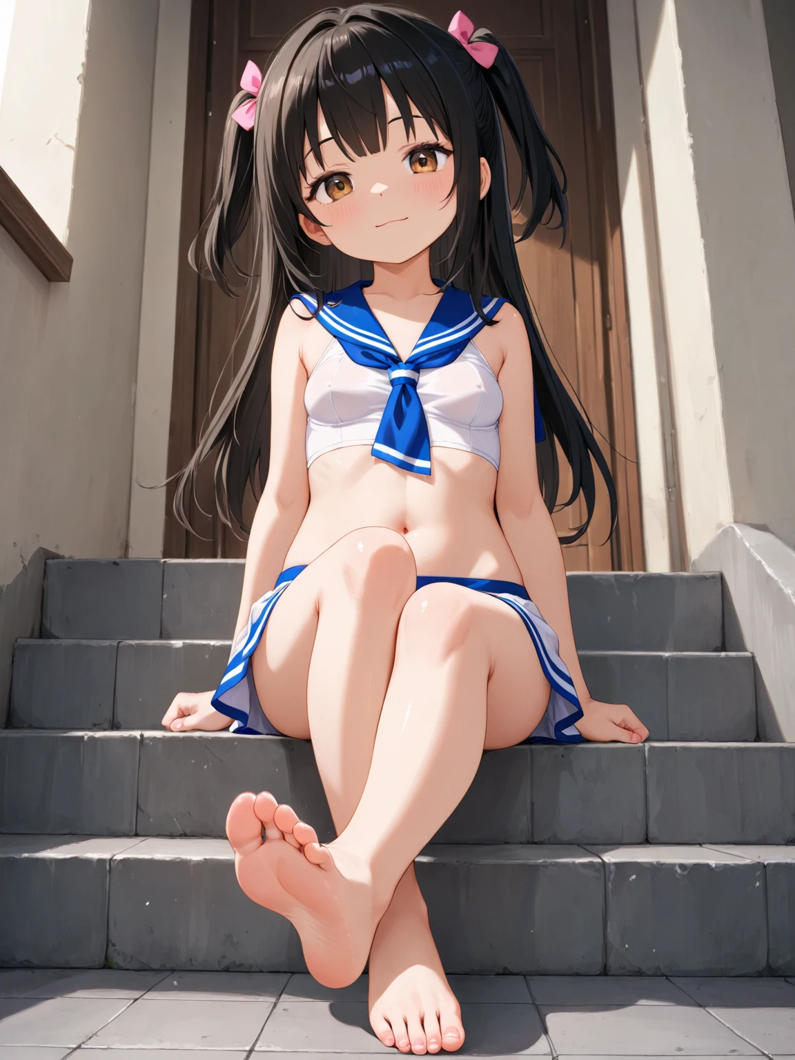 {Japan Slender Beauty}, High Resolution, Best Quality, Super Detail, {Full Body}, Sailor School Swimsuit, Wedges, Fine Details, No Blushing, Bitten, Short Hair, Splashes, Poolside