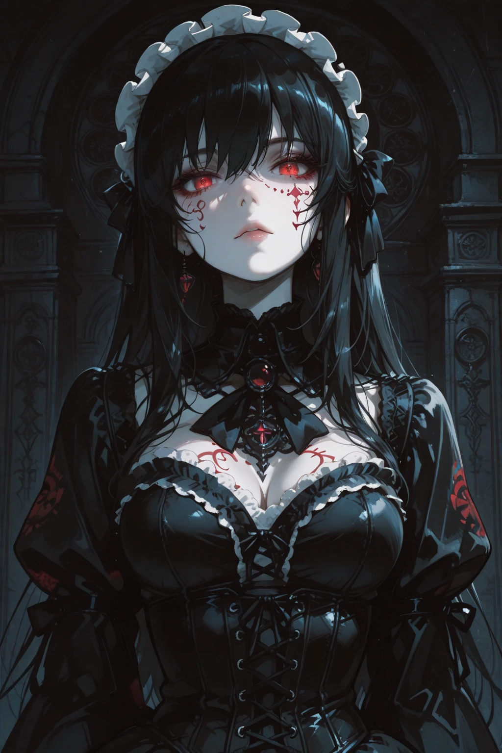 Official art that covers your skin, heterochromia、right eye red、Zuo Muqing、unity 8k wallpaper, super detailed, beautiful, beautiful, ((new goth gal:1.4)), masterpiece, highest quality, dark, in the atmosphere, Mysterious, romantic, Spooky, literature, art, fashion, victorian, decoration, Complex, ironwork, race, contemplation, depth of emotion, Supernatural, 1 girl, alone, hip