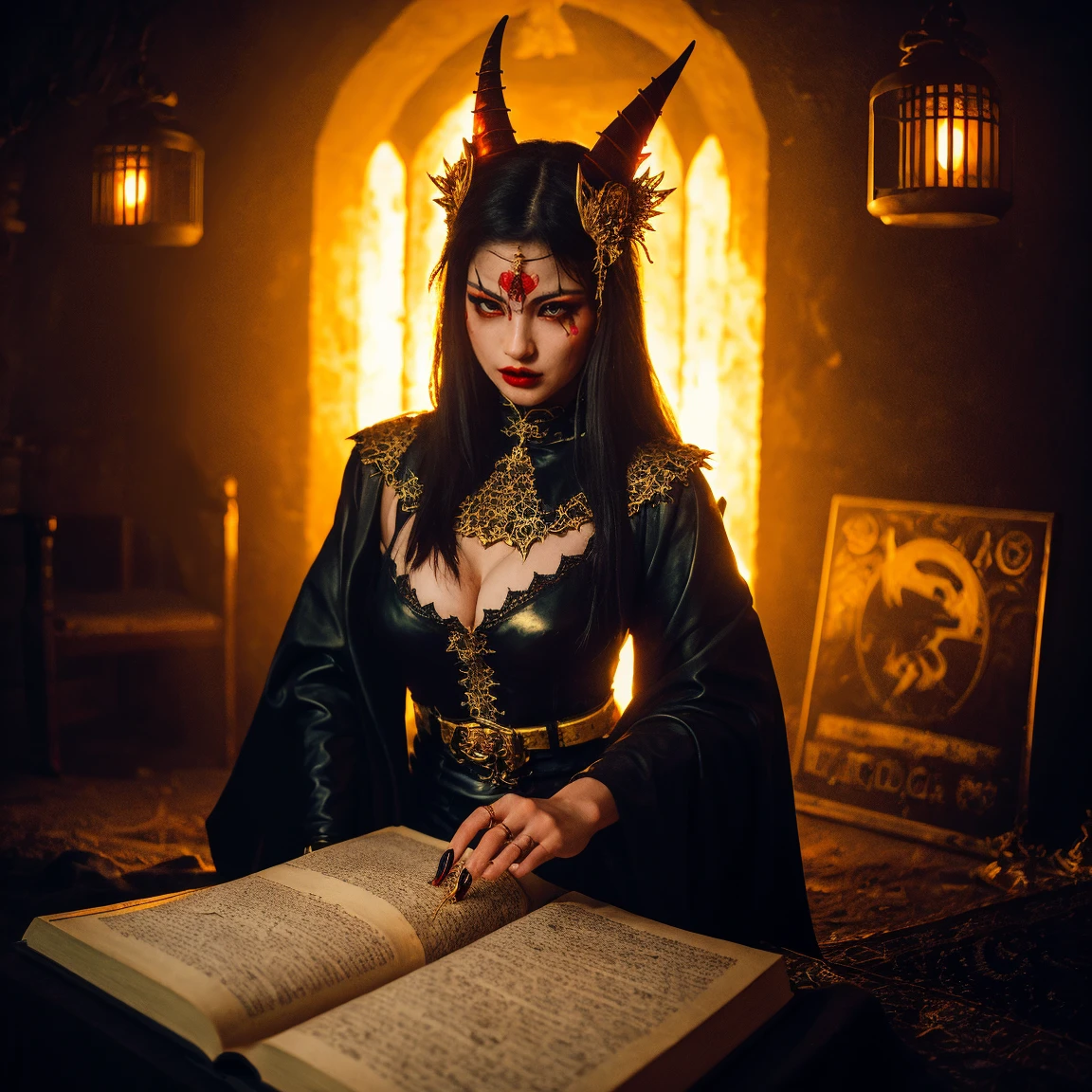 A beautiful tanned woman standing tall and confident with pronounced overwhelming gothic toned facial features and deep red lips, wearing a large gothic ornate headdress that resembles spiraled ram's horns. They wear oversized, elaborate goggles that look like they are made of colorful, translucent crystals, reflecting the nebulous scene of colors. Her body is full of beautiful Irezumi tattoos. The woman is dressed in dark, gothic attire giving them an overwhelming gothic look. The background is nebulous psychedelic chaotic scenery of vibrant colors in a Renaissance setting