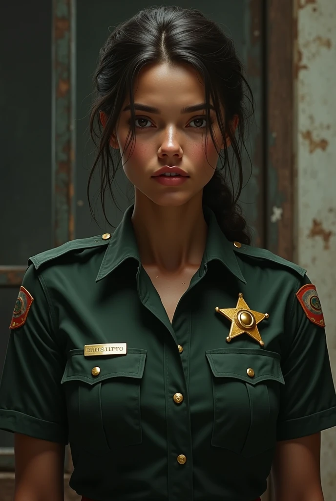 ((best quality)), ((masterpiece)), (detailed), perfect face realistic photo of beautiful woman with long dark brown hair, Russian, influencer, light freckles, dark brown eyes, big lips, no makeup, insagram, ((uniform, tactical costume, agent costume, spy))