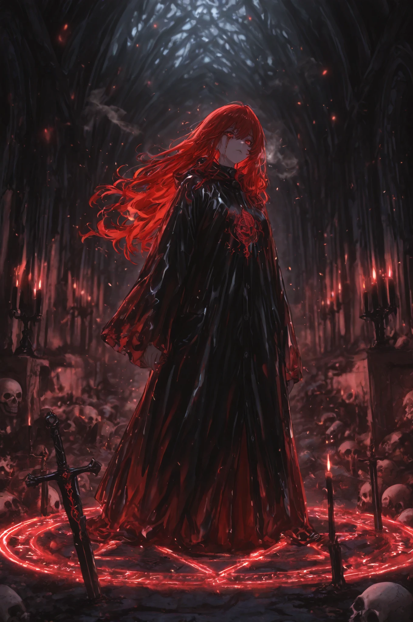 ashenhard style,ultra-detailed,highres,intricate detail,(best quality:1.2),(masterpiece:1.2),wallpaper,illustration,original,1girl,solo,upper body,red bow,smile,eyeliner,long hair, red hair,bangs,hair between eyes,simple background