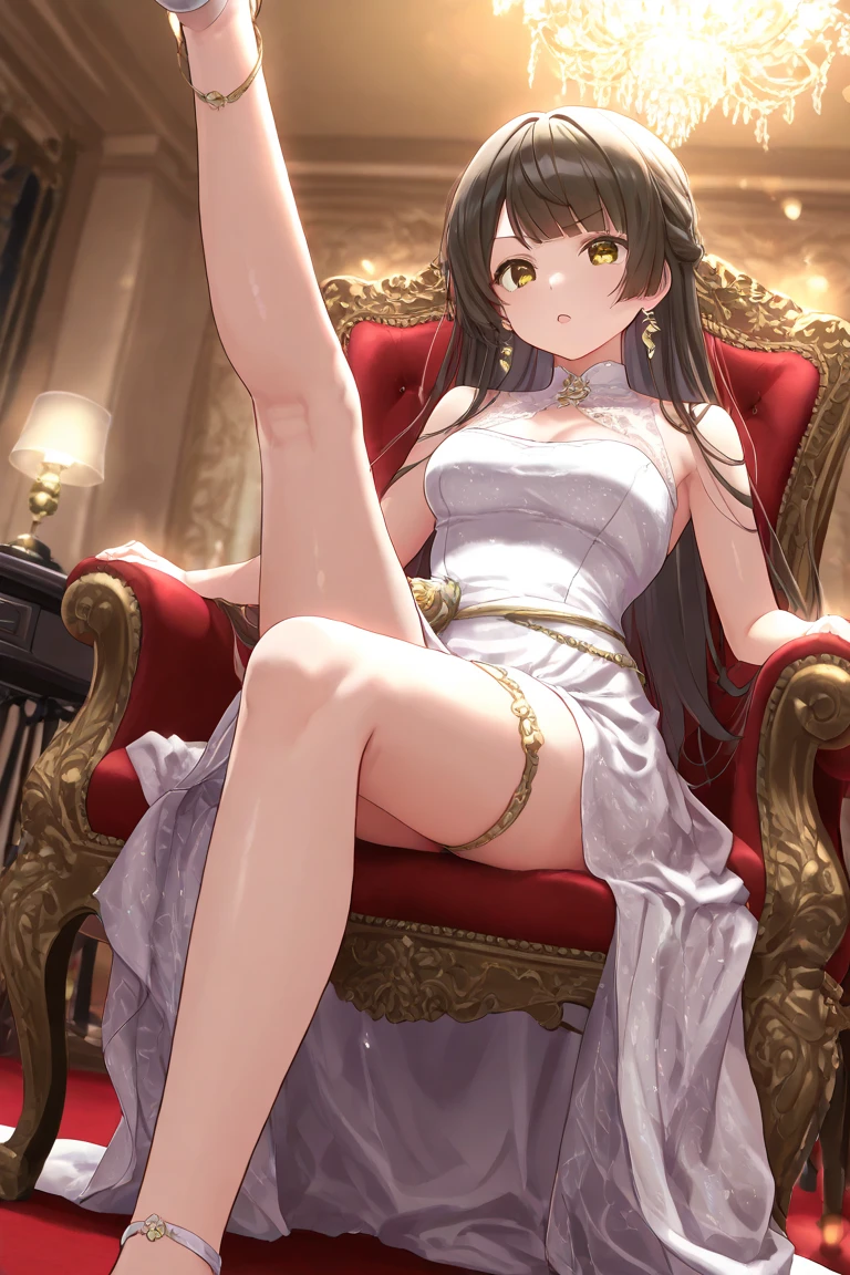A haughty woman sits in an upholstered armchair, her posture exuding an air of unquestionable superiority. Her upright, rigid posture testifies to her self-assurance and natural arrogance. Her elegant, refined clothes accentuate her imposing appearance. Her scornful gaze, like that of a disdainful queen, expresses icy indifference. Her eyes convey a clear message: she knows she reigns at the top of the social hierarchy and demands recognition of her greatness.
In the low-angle foreground, her bare foot and five cute toes are displayed for all to see. The woman's outstretched leg highlights her foot, exposed as an object of supreme desire. Foot fetishism takes on an almost sacred dimension in her presence. The foot, displayed with admiration mixed with desire and devotion, becomes a symbol of power and domination. Under the woman's haughty gaze, this staging accentuates the effect of worship, where the female foot is venerated and adored.
In this haughty posture, she embodies the very essence of power and domination, reigning as uncontested mistress over her realm of desires and fantasies. Offering her foot as an object of veneration and submission, she imposes her superiority. Thanks to the low-angle effect, the view of the woman's feet further accentuates her imposing dominance and dismissive attitude. This intensifies the contrast between her perceived grandeur and those who regard her with respect and fascination, reinforcing her role as the central figure in this theme of fetishism and worship.
