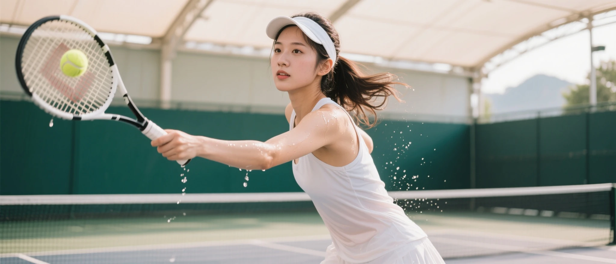 (8K、Highest quality、masterpiece:1.2)、Very detailed、Ultra-high resolution、1 Girl、Beautifully detailed face、(Slim waist) :1.3)、Beautiful and detailed skin、Skin Texture、Floating Hair、((Wet with sweat))、Human whole body、ponytail、tennis Club、((Hitting serve、Full Body Shot))、Serious expression、10th Generation