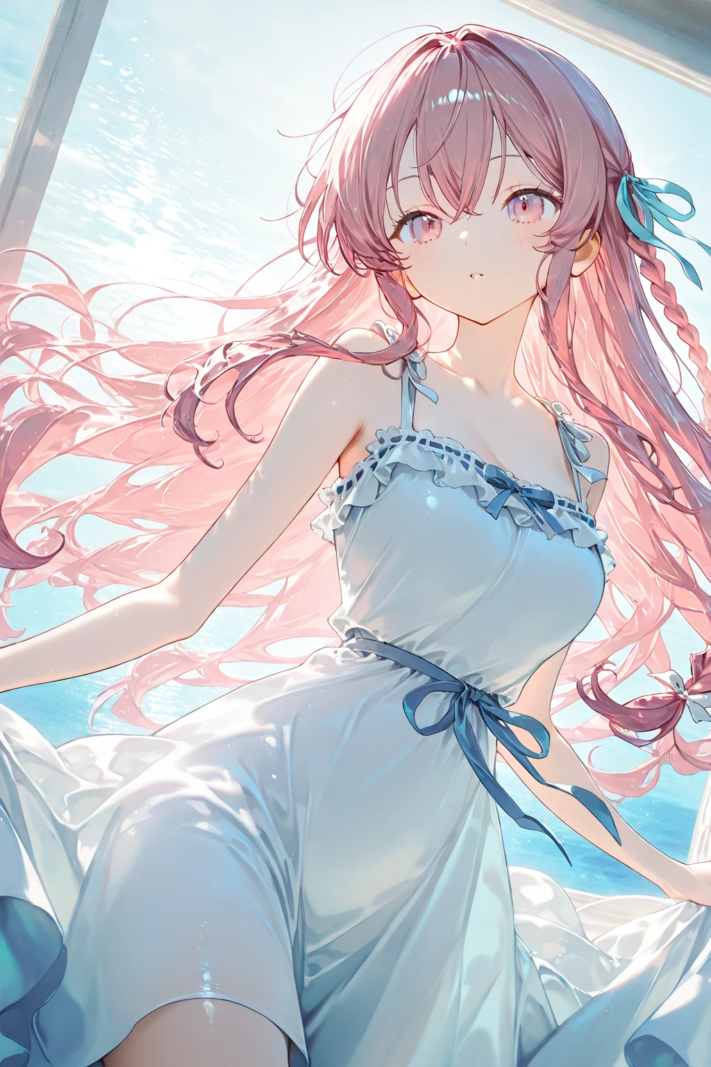 (((pearl pink hair,emerald pupils))),((beautiful and detailed)),(blushing), (geometric:1.1),(((under the water,in the ocean,bubbles,fish))), ((1girl,amazing,adorable girl,solo,arms down)),(Masterpiece,Best quality, offcial art,fractal art, Beautiful and aesthetic:1.2),(4k,HD,HRS),((small breasts)),(Physically-based rendering),Sharp focus, (((highdetailskin,The details are complex、Shallow depth of field、movie lighting、Reflectors、a Canon EOS R5、50mm lens、f / 2.8、shot at 8k resolution))),simple cloths，correct pupils,((((shiny hair|detailed hair|half bangs|long hair)))),(masterpiece sidelighting),(The sheen),(beautiful hair,beautiful background,bokeh:55mm)),((extremely_Detailed_Eyes_and_face)),Movie girl,(Dynamic posture: 1.2),Brilliant