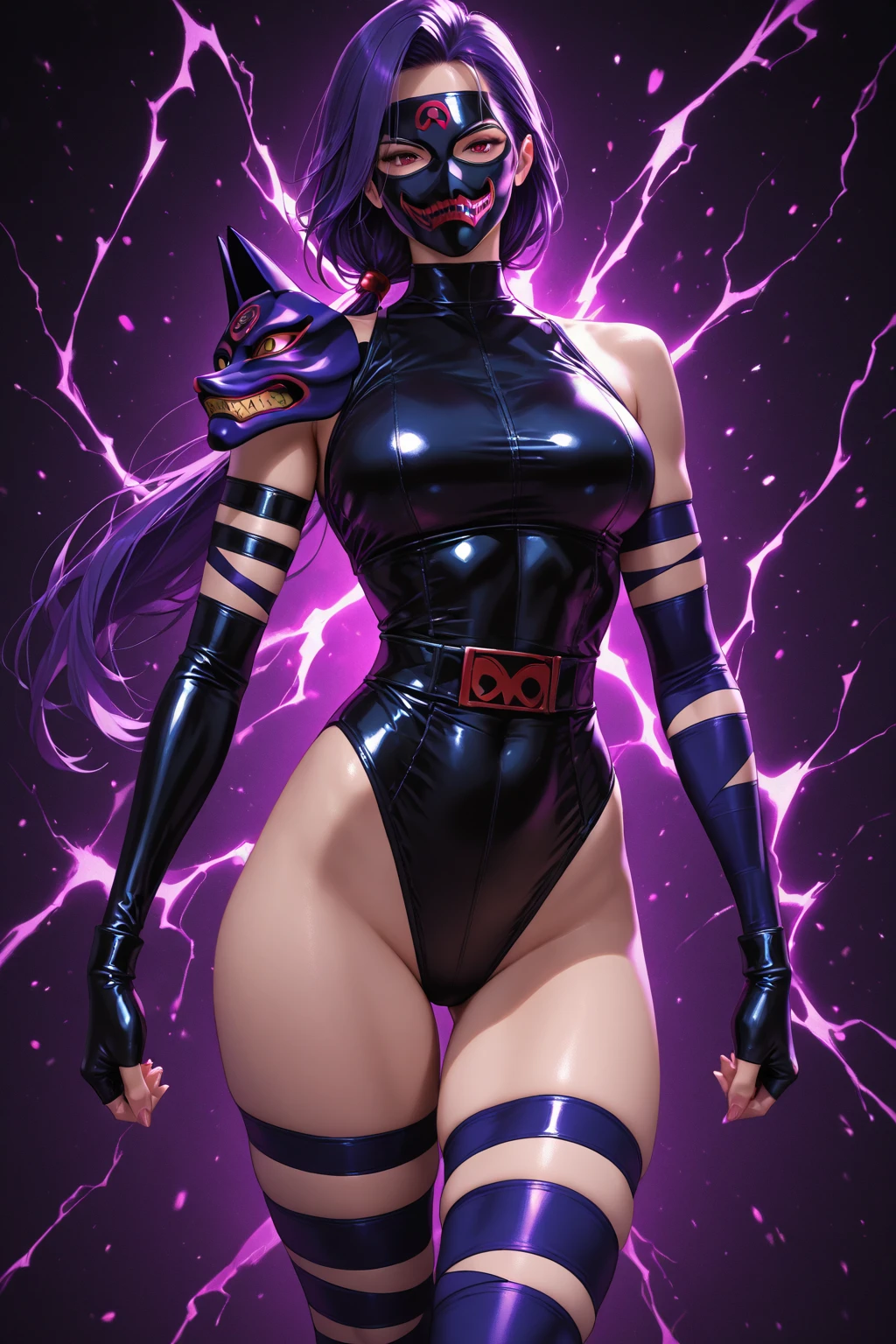 Full body, realistic, 8k, best quality, masterpiece, (1 beautiful woman, solo: 1.1), very big breasts, purple hair, purple crop top, purple skirt, purple gloves, purple high heel boots, naked shoulders